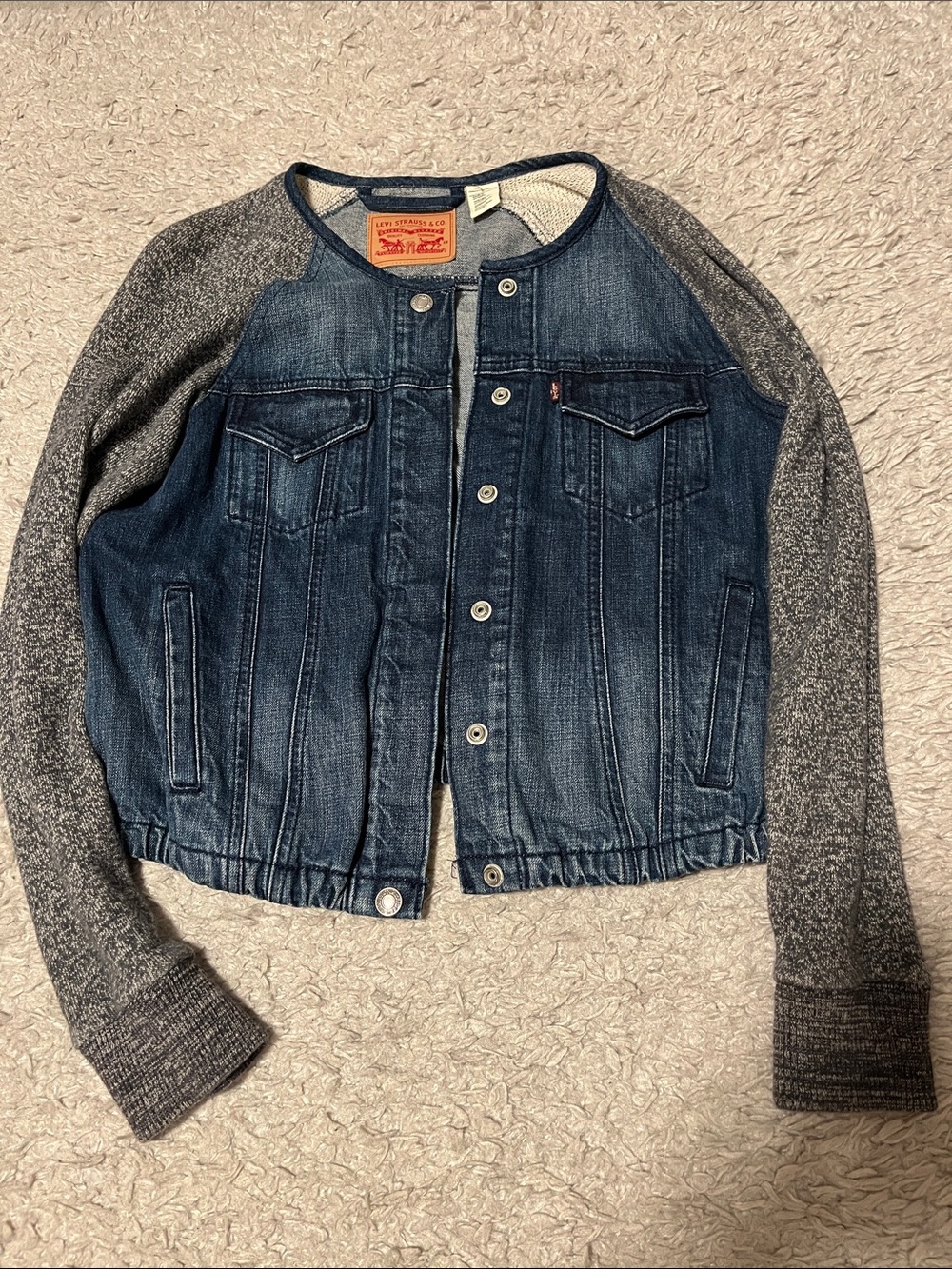Levi's Dark Blue Denim Jacket with Heather Gray Knit Sleeves